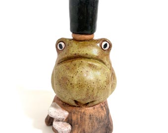 Frog on a log ceramic handmade candlestick