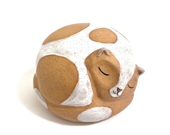 Round Loaf Cat handmade ceramic sleeping cat sculpture brown and white