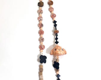 Ceramic friend necklace brown puppy with glass and gem beads