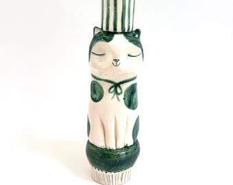 Calm Cat Candlestick green and white ceramic candle holder