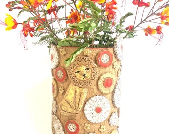 Field of Flowers and Lions ceramic handmade large vase in warm tones