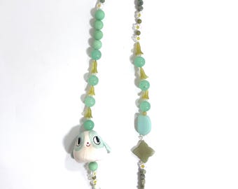 Ceramic friend necklace spotted puppy with glass and gem beads