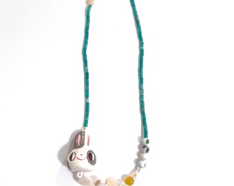 Ceramic friend necklace spotted bunny with glass and gem beads