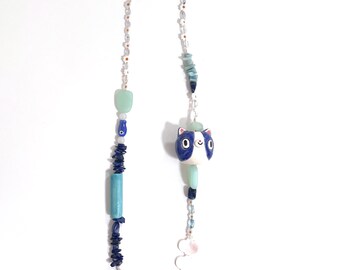 Ceramic friend necklace blue and white cat with glass and gem beads