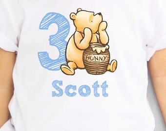 Winnie the pooh birthday shirt, pooh birthday shirt with name and digit, classic pooh shirt for boy