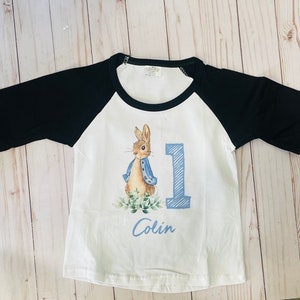 Peter Rabbit Birthday shirt, Peter rabbit shirt with name, easter shirt with name, easter bunny shirt, blue raglan Peter rabbi t-shirt image 9