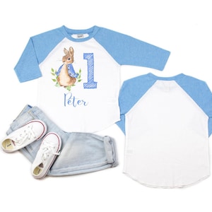 Peter Rabbit Birthday shirt, Peter rabbit shirt with name, easter shirt with name, easter bunny shirt, blue raglan Peter rabbi t-shirt image 1