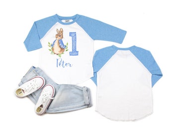 Peter Rabbit Birthday shirt, Peter rabbit shirt with name, easter shirt with name, easter bunny shirt, blue raglan Peter rabbi t-shirt