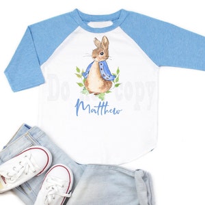 Peter Rabbit Birthday shirt, Peter rabbit shirt with name, easter shirt with name, easter bunny shirt, blue raglan Peter rabbi t-shirt image 3