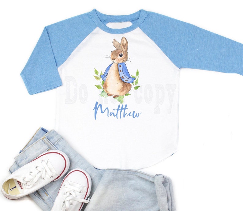 Peter Rabbit Birthday shirt, Peter rabbit shirt with name, easter shirt with name, easter bunny shirt, blue raglan Peter rabbi t-shirt image 3