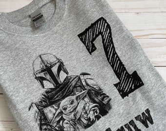 Mandalorian and child shirt with name, Star Wars alien child shirt, Star Wars alien child shirt with name and digit, Yoda shirt, mandalorian