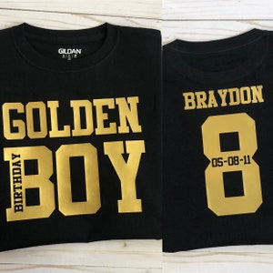 Golden Birthday BOY t shirt  SHORT  sleeve black t with age on back