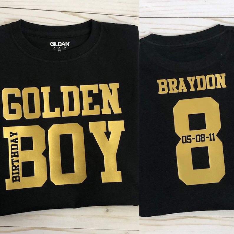 Golden Birthday BOY t shirt SHORT sleeve black t with age on back image 1