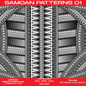 May include: Black and white digital art featuring Samoan patterns. The design includes geometric shapes, lines, and triangles. The text "SAMOAN PATTERNS 01" is at the top. The file size is 20 inches x 20 inches.