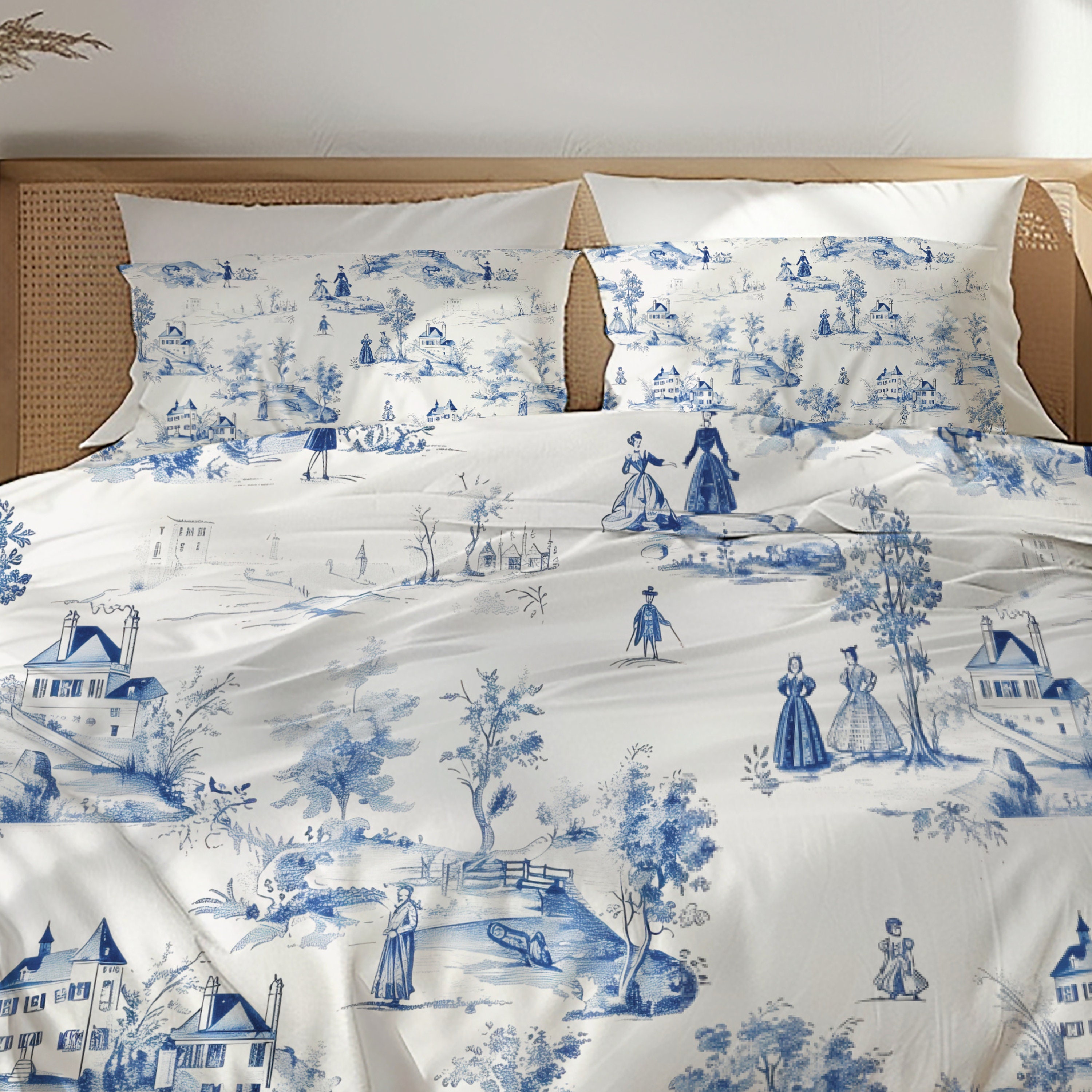 Custom French Country Duvet Cover Blue Toile Cotton Bedding