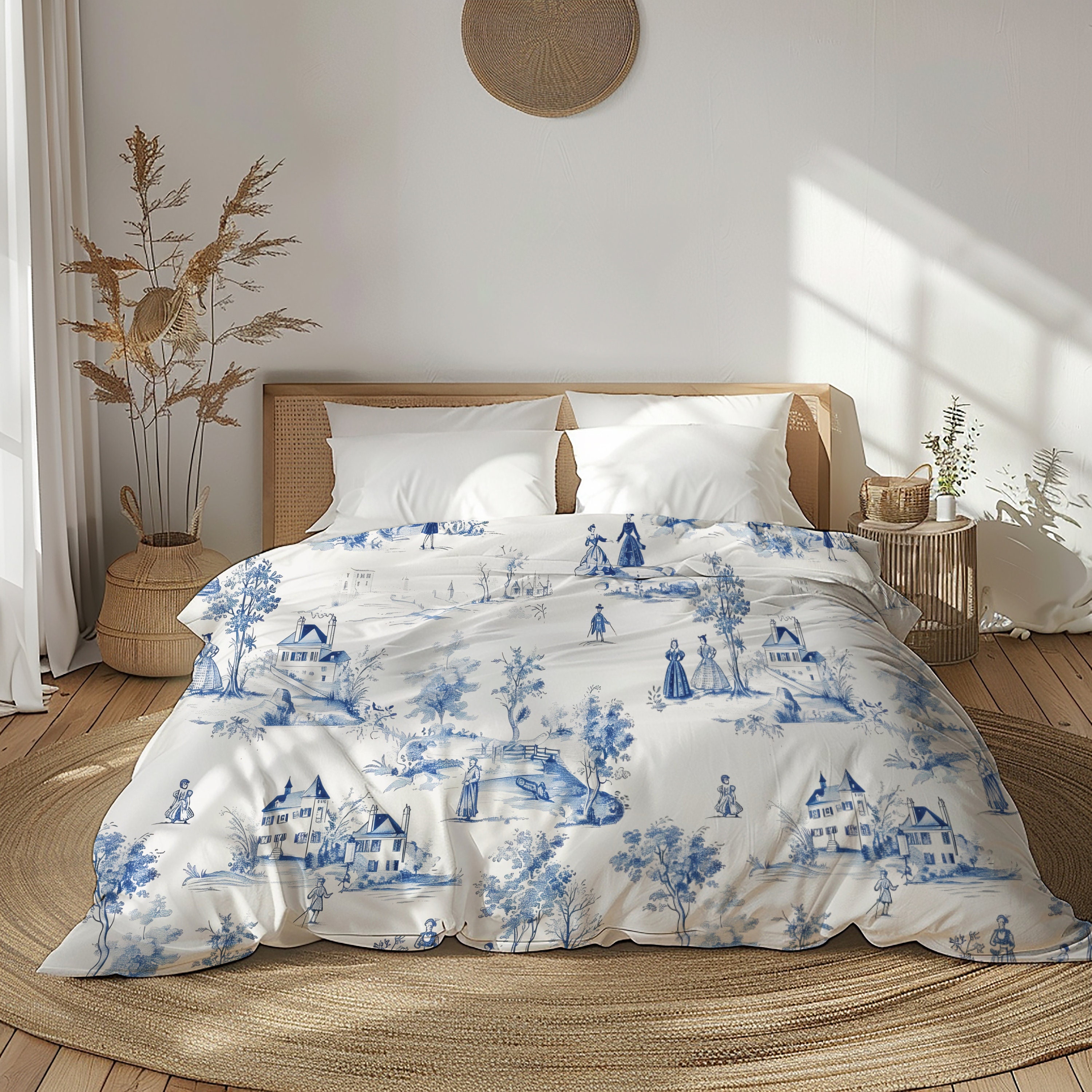 Custom French Country Duvet Cover Blue Toile Cotton Bedding
