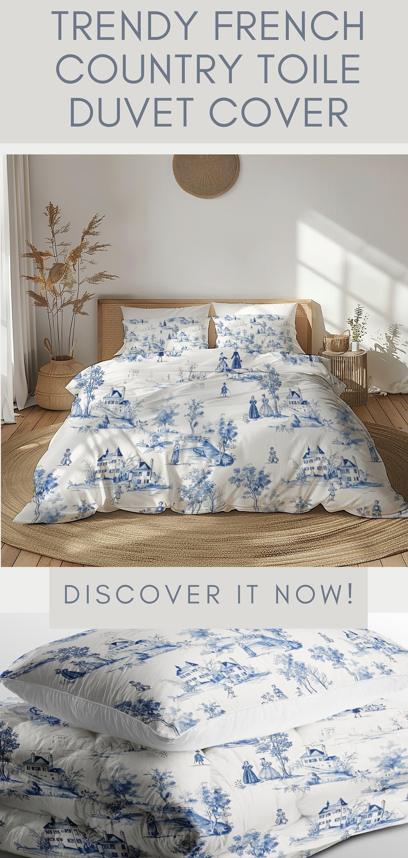 Custom French Country Duvet Cover Blue Toile Cotton Bedding