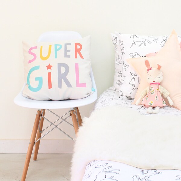 Kids Decorative Pillow, Super Girl Pillow Cover for Girl's Room, Accent Pillow for Kids, Superhero Pillow, Girls Room Cushions