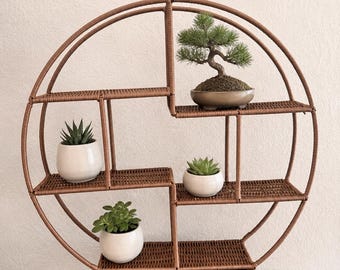 Plant Parent Rattan Moon Shelf for Small Potted Plants, Boho Japandi Wicker Tabletop Display, Unique Plant Lover Gift