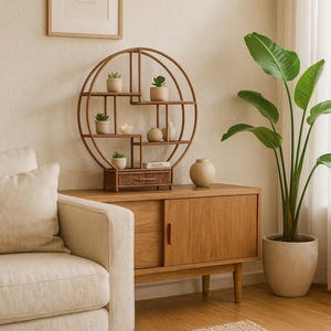 Pode incluir: Uma cena acolhedora de sala de estar com um arm&aacute;rio de madeira, uma prateleira redonda com plantas e objetos decorativos. Uma obra de arte abstrata emoldurada est&aacute; pendurada na parede. Uma grande planta em vaso e um sof&aacute; em tons neutros completam o ambiente.