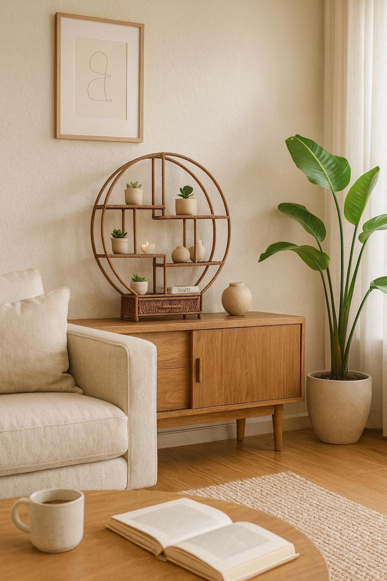 Pode incluir: Uma cena acolhedora de sala de estar com um arm&aacute;rio de madeira, uma prateleira redonda com plantas e objetos decorativos. Uma obra de arte abstrata emoldurada est&aacute; pendurada na parede. Uma grande planta em vaso e um sof&aacute; em tons neutros completam o ambiente.
