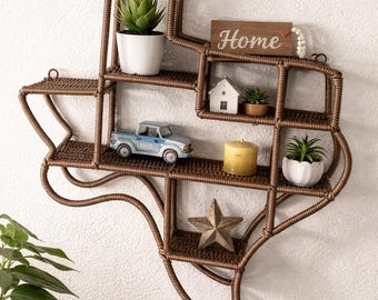 Texas Rattan Wall Shelf for Plants & Keepsakes, Handwoven Lone Star Boho Decor Gift, Rustic Texas Home Decor