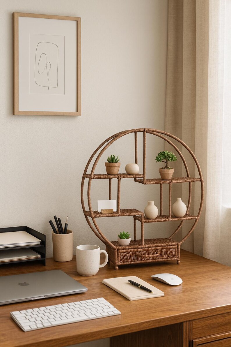 Pode incluir: Uma prateleira redonda de vime tecido com v&aacute;rias prateleiras, com pequenas plantas em vasos e vasos decorativos. A unidade est&aacute; em uma mesa de madeira com um laptop, teclado e outros materiais de escrit&oacute;rio. Uma obra de arte abstrata emoldurada est&aacute; pendurada na parede.