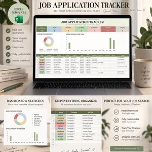 Könnte beinhalten: Eine Excel-Vorlage zur Nachverfolgung von Bewerbungen auf einem Laptop-Bildschirm, die ein Dashboard mit einem Kreisdiagramm, einem Balkendiagramm und einer detaillierten Tabelle zur Erfassung von Firmen und Stellen enthält.