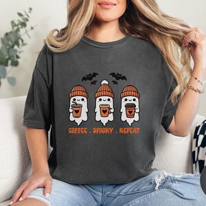 Comfort Colors® Halloween Coffee Spooky Repeat Shirt, Cute Spooky Coffee Ghost Shirt, Retro Fall Shirt, Halloween Coffee Lovers Gift
