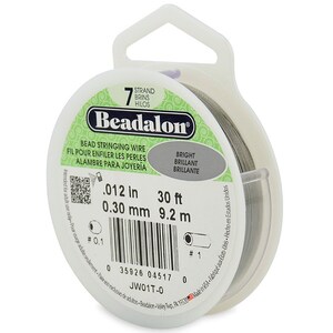 May include: A spool of 7-strand Beadalon bead stringing wire in silver. The wire is 0.012 inches (0.30 mm) thick and 30 feet (9.2 meters) long. The label reads "Beadalon Bead Stringing Wire" and "Bright Brilliant Brillante".
