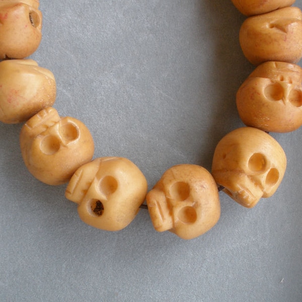 Carved Skull Bone Beads 15mm Large 2 Piece 1 Pair Old Stock Yak Bone Halloween Beads