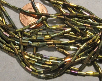 Czech Seed Glass Beads Green Bronze Cut Tubes 2x4.2mm Vintage  1 hank with .61mm hole