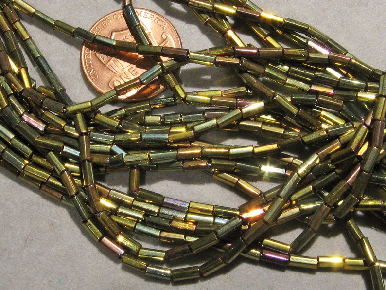Czech Seed Glass Beads Green Bronze Cut Tubes 2x4.2mm Vintage 1 hank with .61mm hole