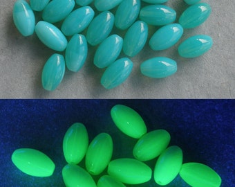 Vintage Czech Glass Beads: Blue Melon 8x14mm, Black Light Glow (20pc)