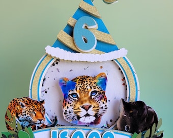 Personalized Light-Up 3D Cake Topper with Shaker: Jungle Safari Party Decor, Panther, Jaguar, Leopard
