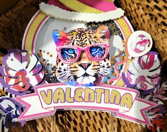 Personalized Light-Up Custom 3D Leopard Cake Topper with Shaker: Jungle Safari Party Decor