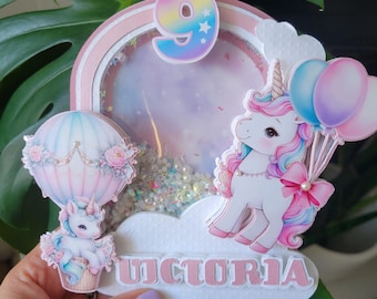 Personalized Unicorn Cake Topper with Shaker: Pastel Rainbow Hot Air Balloon
