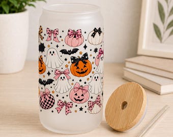 Halloween Frosted Glass Tumbler, Pink Ghost Pumpkin Cup, Spooky Season Glass Can, Fall Drinkware