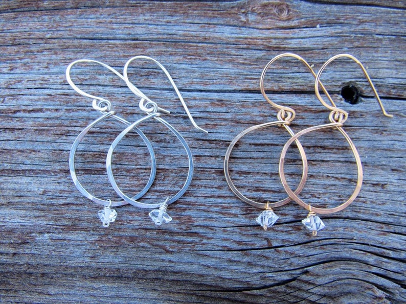 Recycled Gold Fill dangle earrings Circle Herkimer diamond