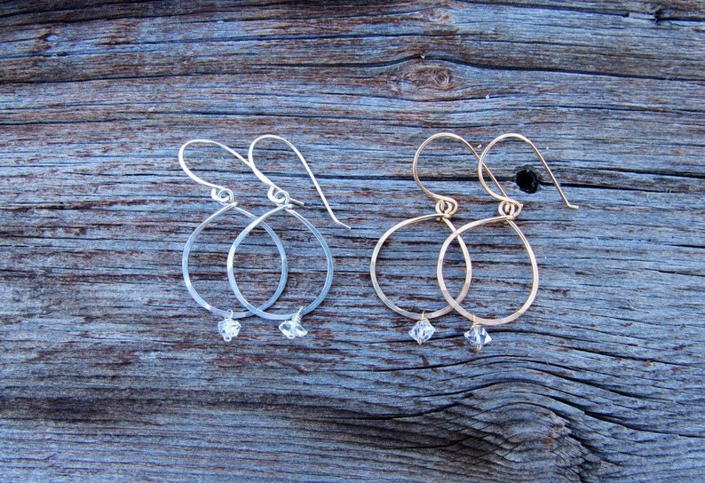 Recycled Gold Fill dangle earrings Circle Herkimer diamond