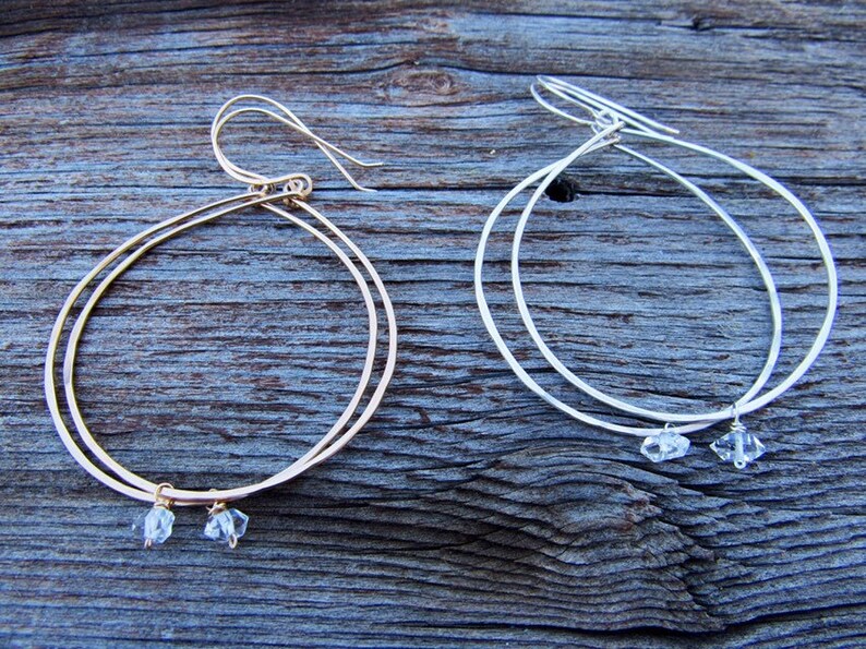 Recycled Gold Fill dangle earrings Circle Herkimer diamond