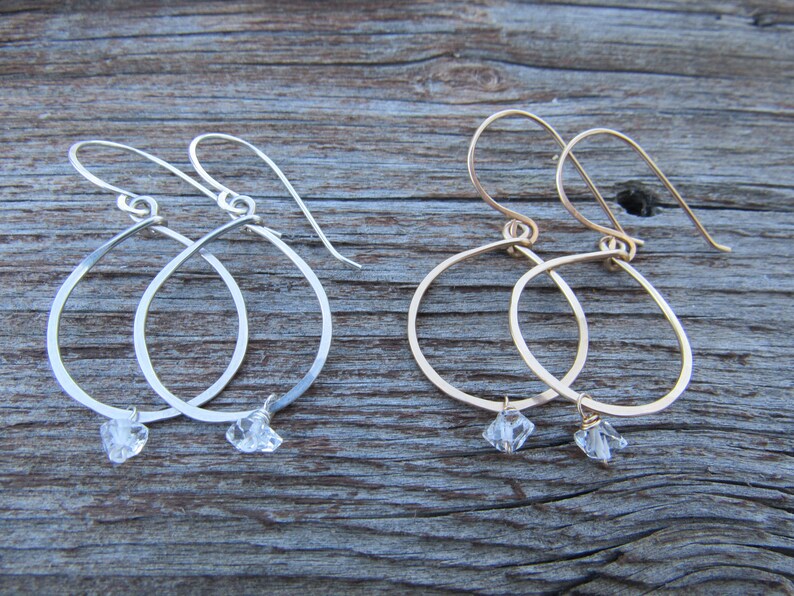 Recycled Gold Fill dangle earrings Circle Herkimer diamond