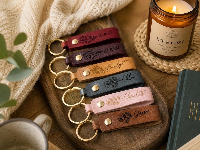 May include: A set of six leather keychains in various colors including red, dark purple, tan, dark gray, light pink, and brown. Each keychain features a gold-toned metal ring, a gold-toned snap button, and custom laser-engraved floral designs and names.