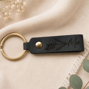 Close-up of a personalized leather keychain featuring a custom engraved name and birth flower. The detailed botanical engraving and smooth leather texture are highlighted with brass hardware.