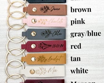 Personalized Birth Flower Leather Keychain: Custom Name Gift