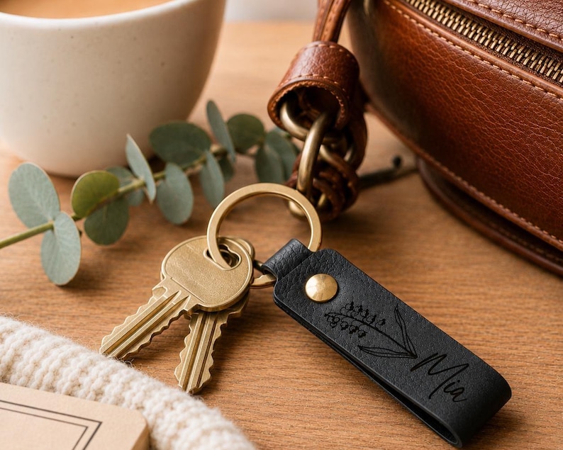 Personalized leather keychain packaged on a kraft backing card inside a clear gift sleeve with a satin ribbon. Gift-ready presentation with botanical details and durable brass hardware.