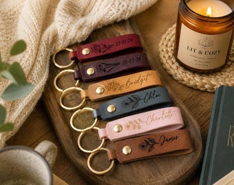 Custom Engraved Leather Keychain: Birth Flower, Personalized Name Botanical Accessory