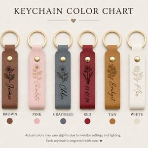 May include: A keychain color chart displaying eight rectangular leather keychains in black, brown, pink, gray-blue, red, tan, white, and maroon. Each features a gold metal ring, a gold rivet, and a unique floral engraving with a name or date.