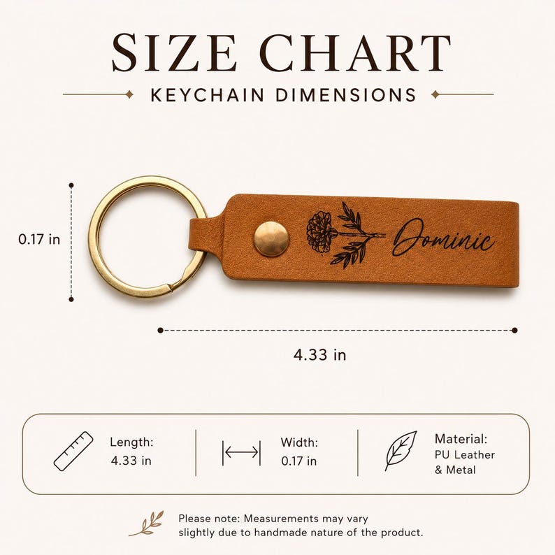 Personalized leather birth flower keychain with custom engraved name, brass key ring, and floral design. Displayed on a soft neutral background with cozy styling, showcasing the premium leather texture and everyday size.