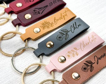 Birth Flower Keychain Leather Accessory Gift Idea Custom Engraving Key Fob Christmas Gift for Dad Leather Keychain Personalized Design